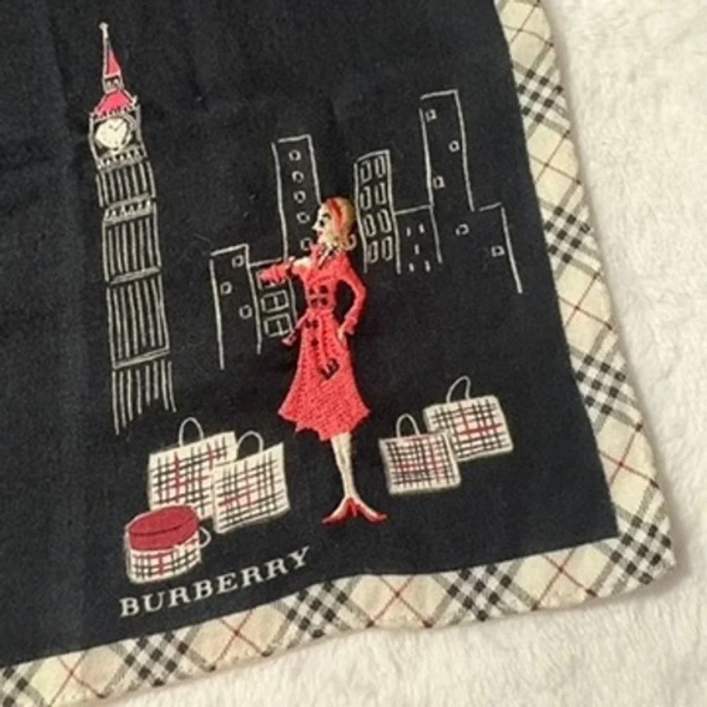 Vtg BURBERRY Scarf Handkerchief London Shopping Motif Black 19.5